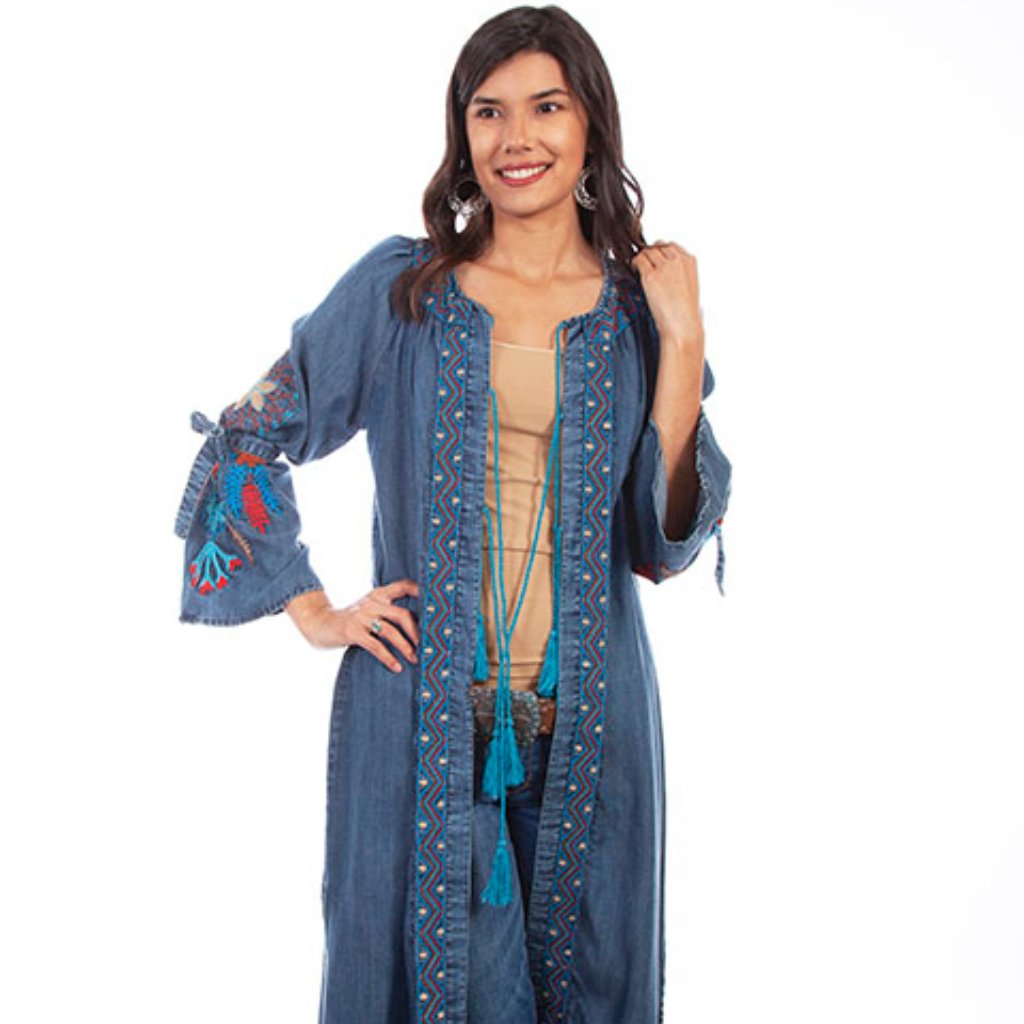 Women's Honey Creek Denim Duster With Southwest Inspired Designs-Size Xl